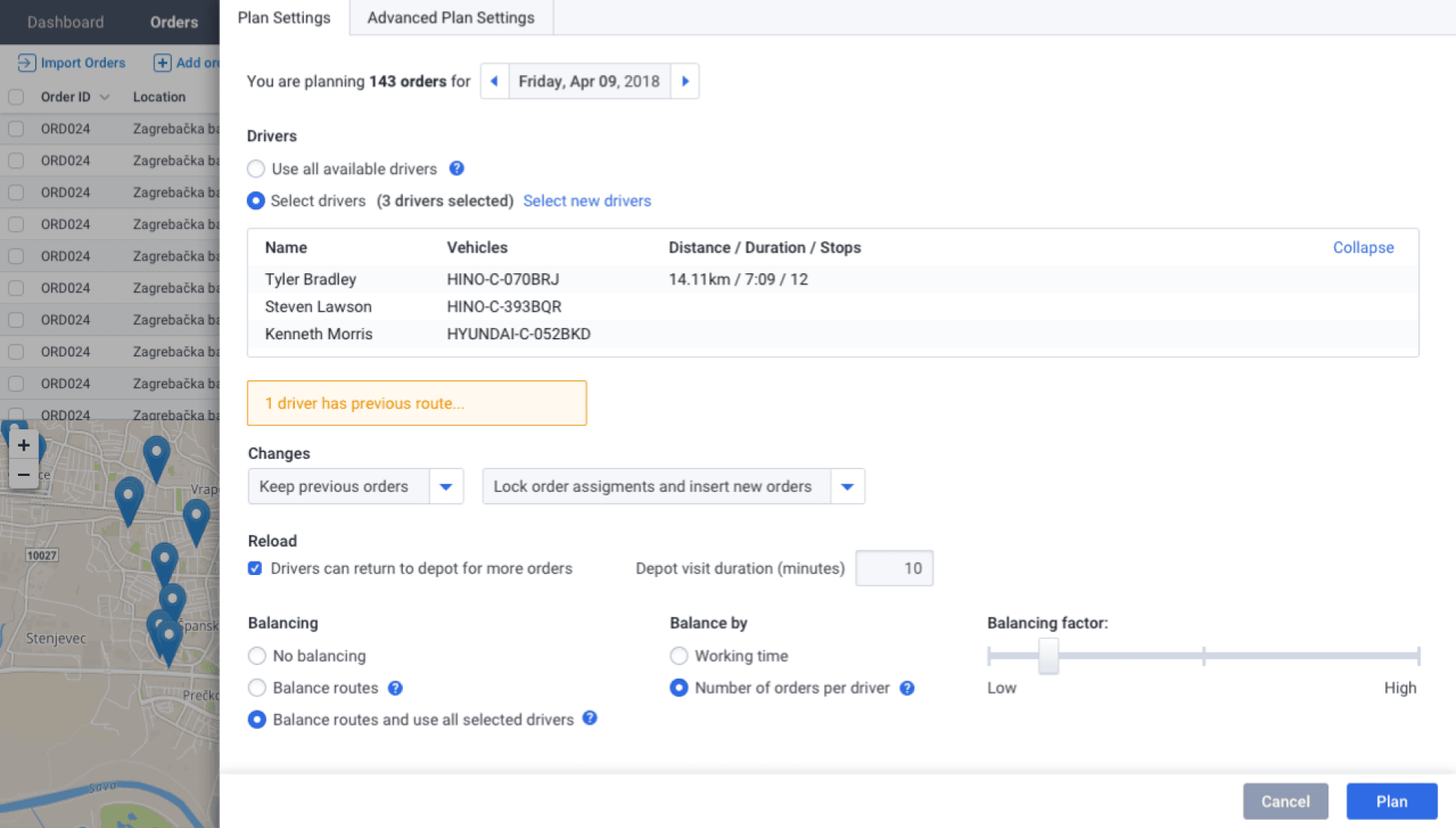 Route plan settings options