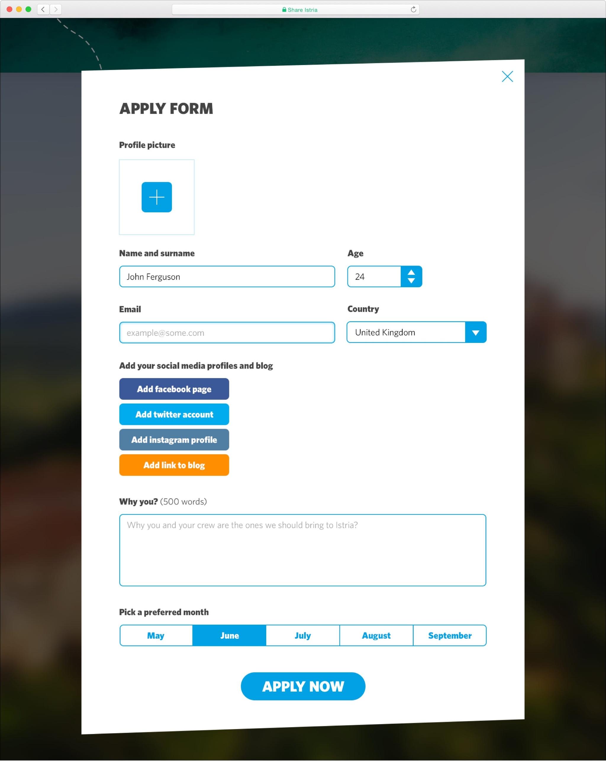 Application form design for the Share Istria project.